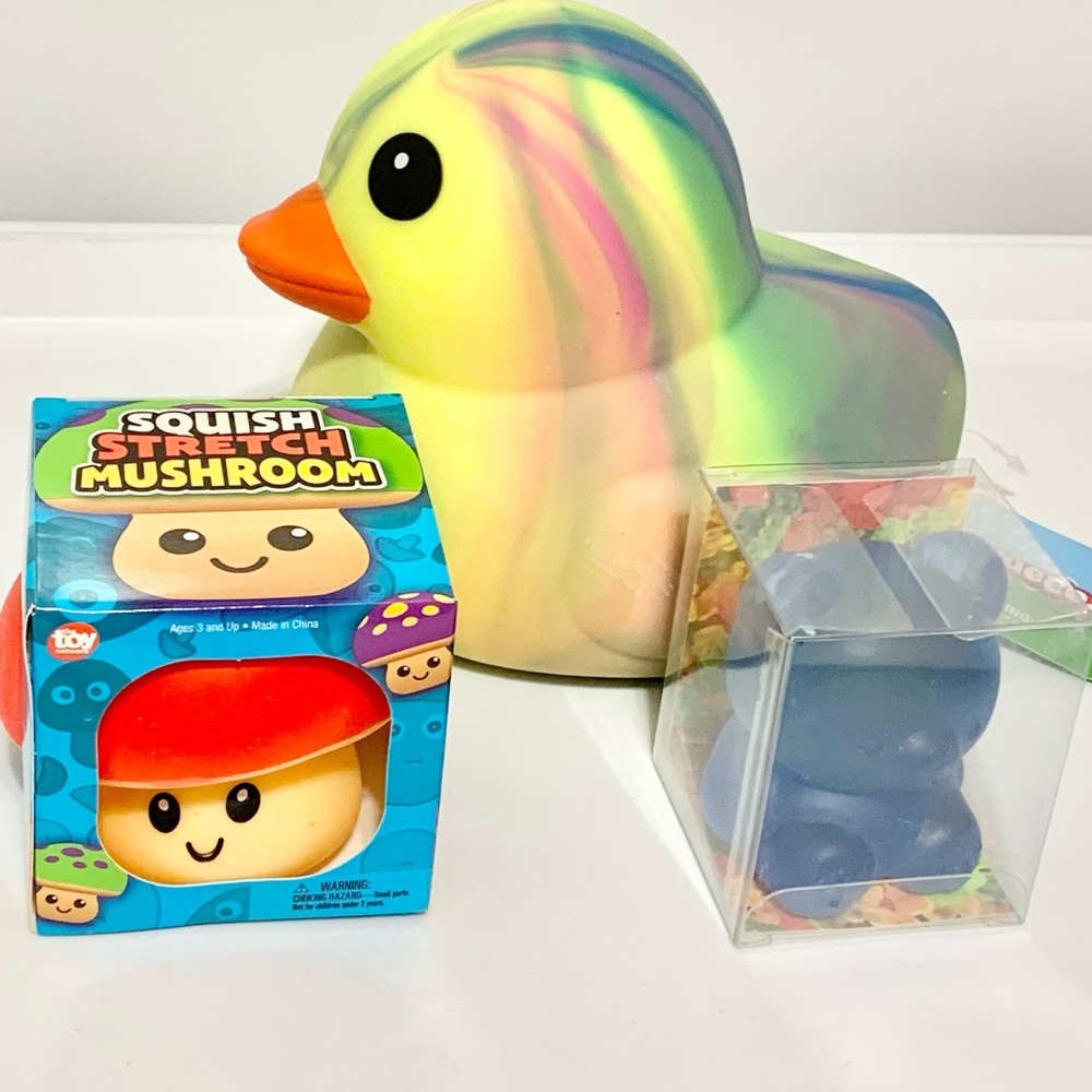 3 Squishies! NEW Big Duck Blue Gummiez Bear Red Mushroom Squishy Toy Lot